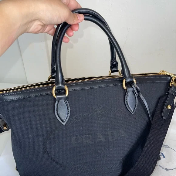 Prada Logo Jacquard Black Canvas Satchel - Authentic - Picture 13 of 15